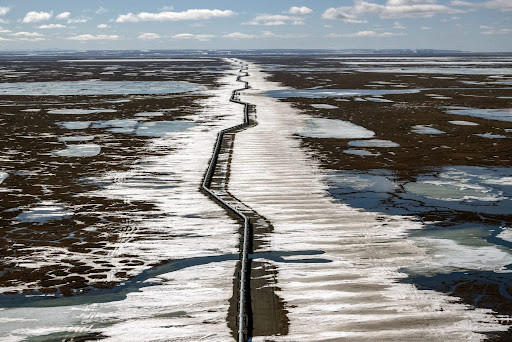 NORTH SLOPE BOROUGH, AK - MAY 25: An oil pipeline stretches across the landscape outside Prudhoe Bay in North Slope Borough, AK on May 25, 2019. (Photo by Bonnie Jo Mount/The Washington Post via Getty Images)